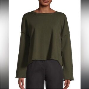 Eileen Fisher Cotton French Terry Crewneck Boxy Top Dark Olive Green Size Medium